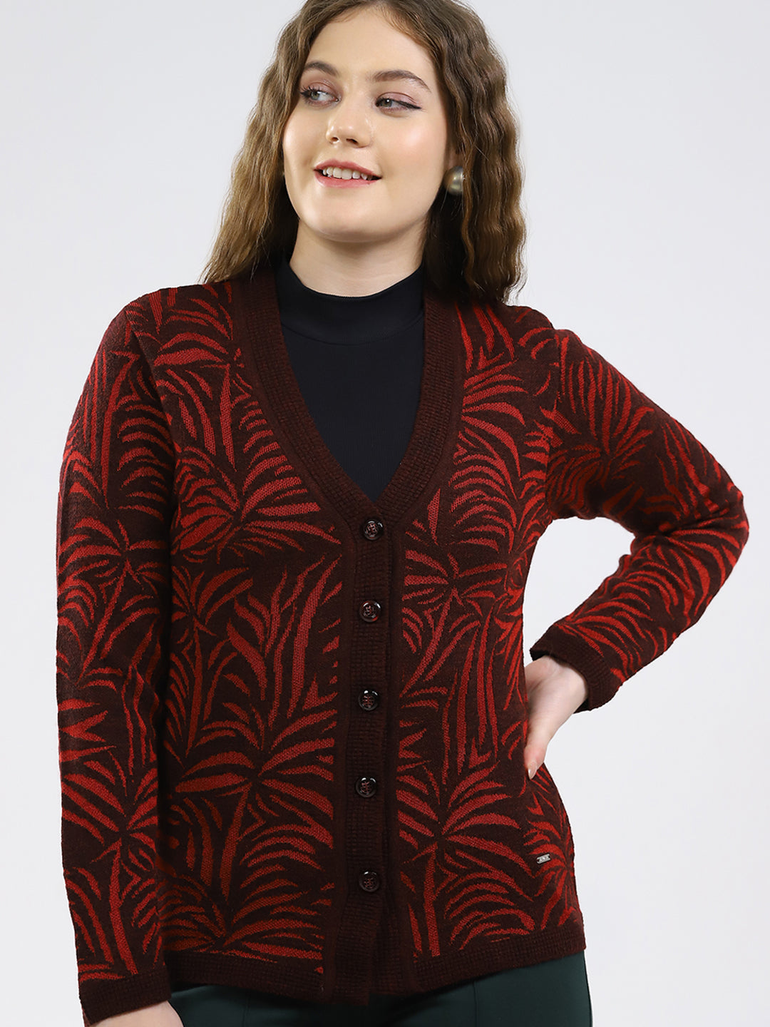 Women Maroon Printed V Neck Full Sleeve Cardigan