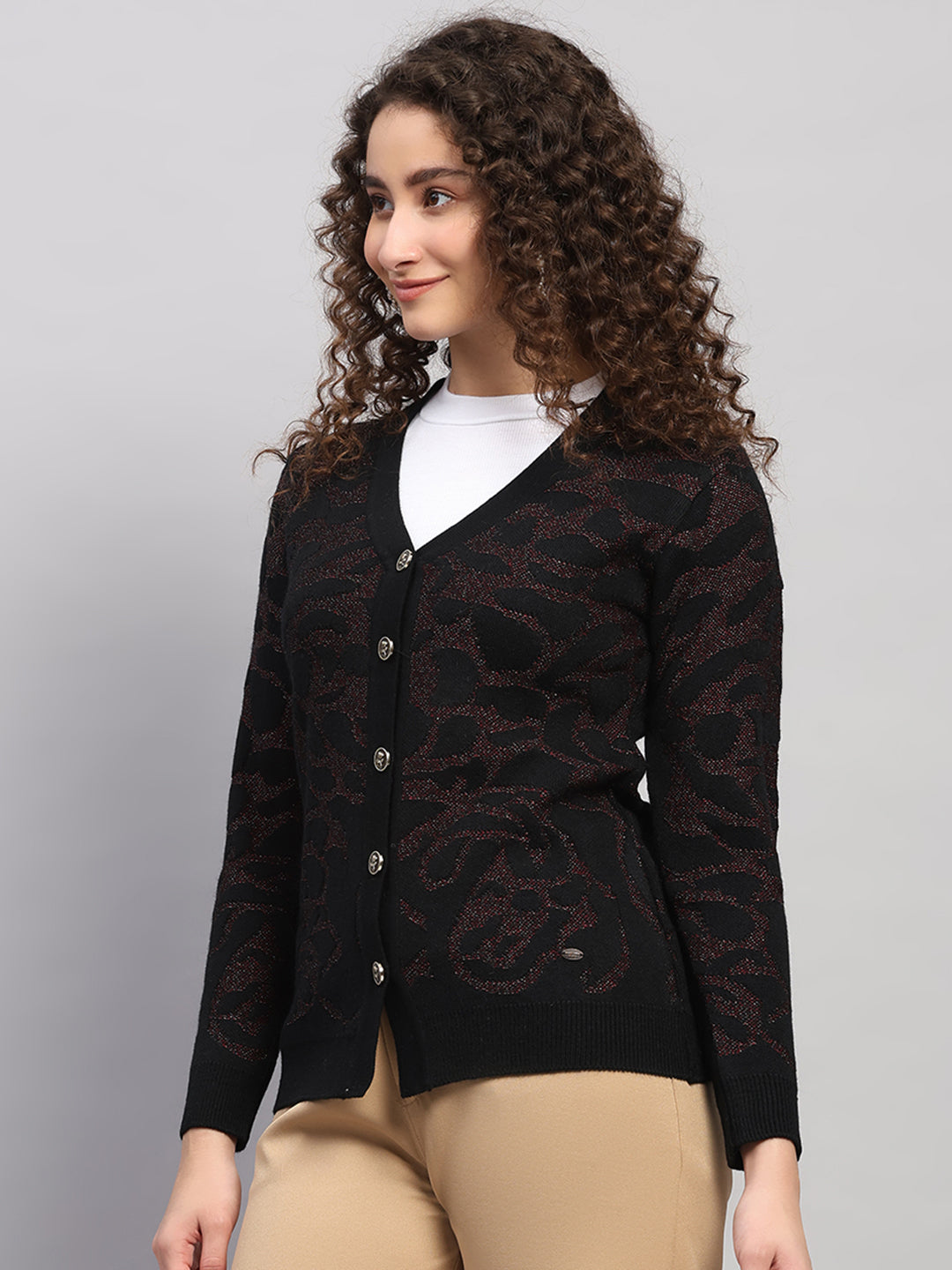 Women Black Jaquard V Neck Full Sleeve Cardigan