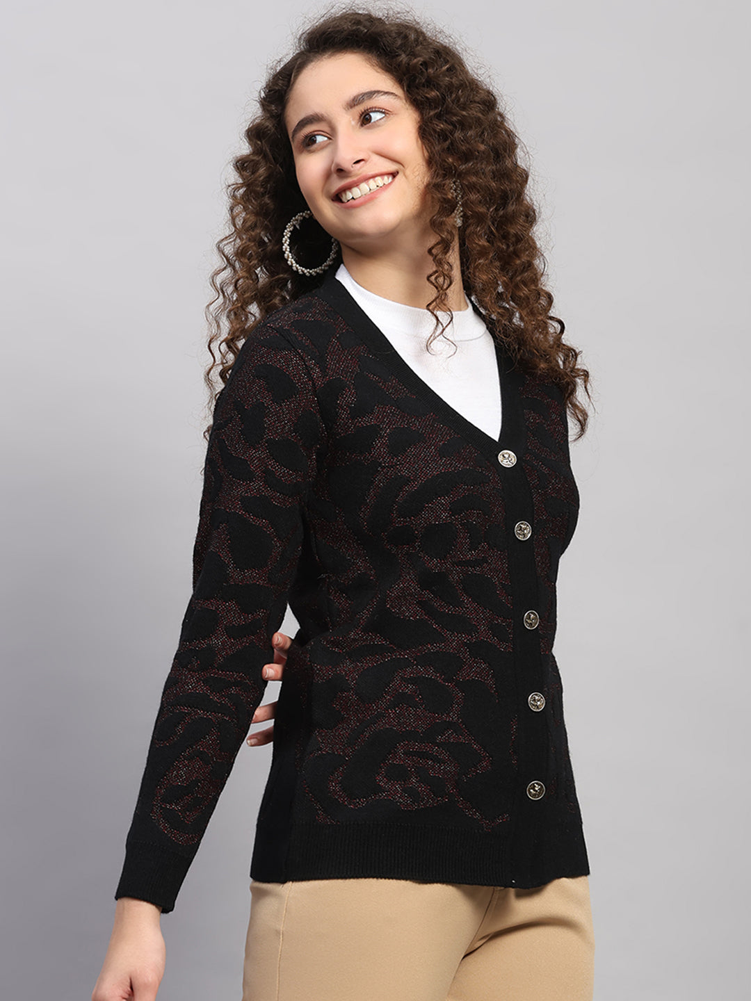 Women Black Jaquard V Neck Full Sleeve Cardigan