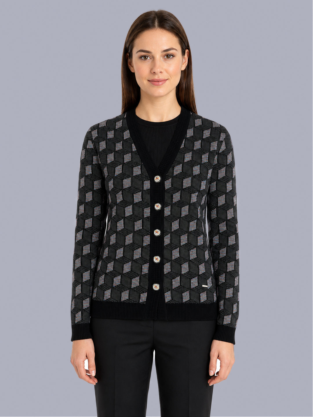 Women Black Jacquard V Neck Full Sleeve Cardigan