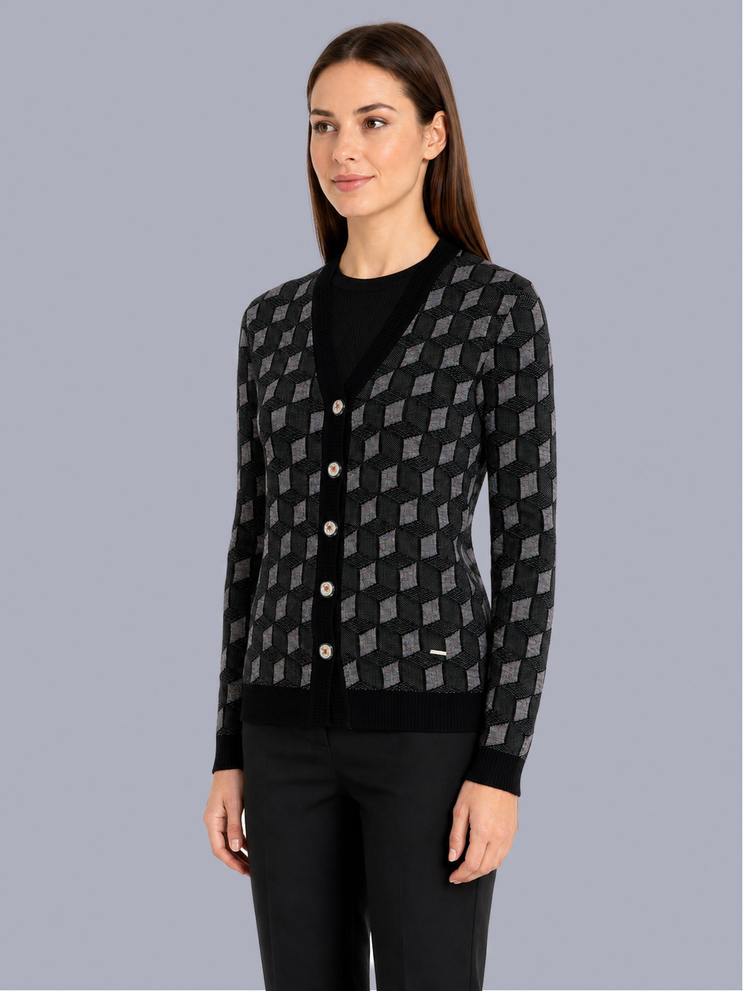 Women Black Jacquard V Neck Full Sleeve Cardigan
