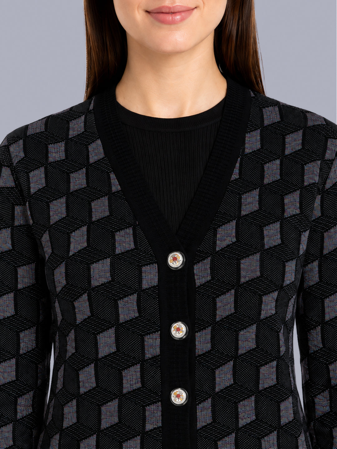 Women Black Jacquard V Neck Full Sleeve Cardigan