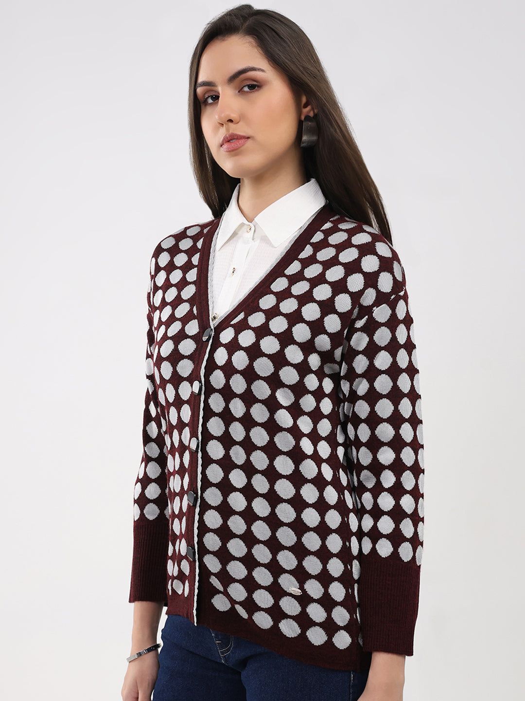 Women Maroon Printed V Neck Full Sleeve Cardigan