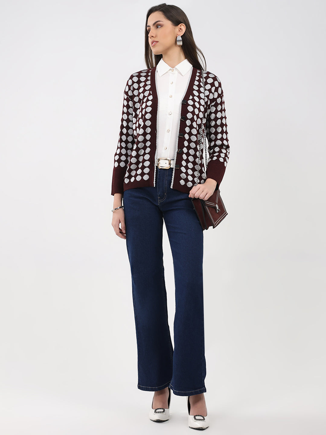 Women Maroon Printed V Neck Full Sleeve Cardigan