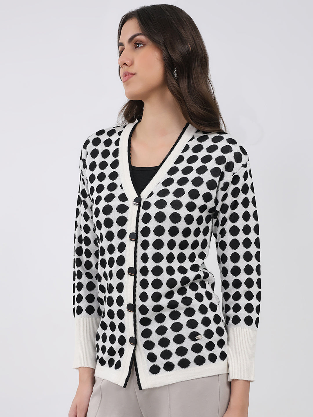 Women Off White Printed V Neck Full Sleeve Cardigan