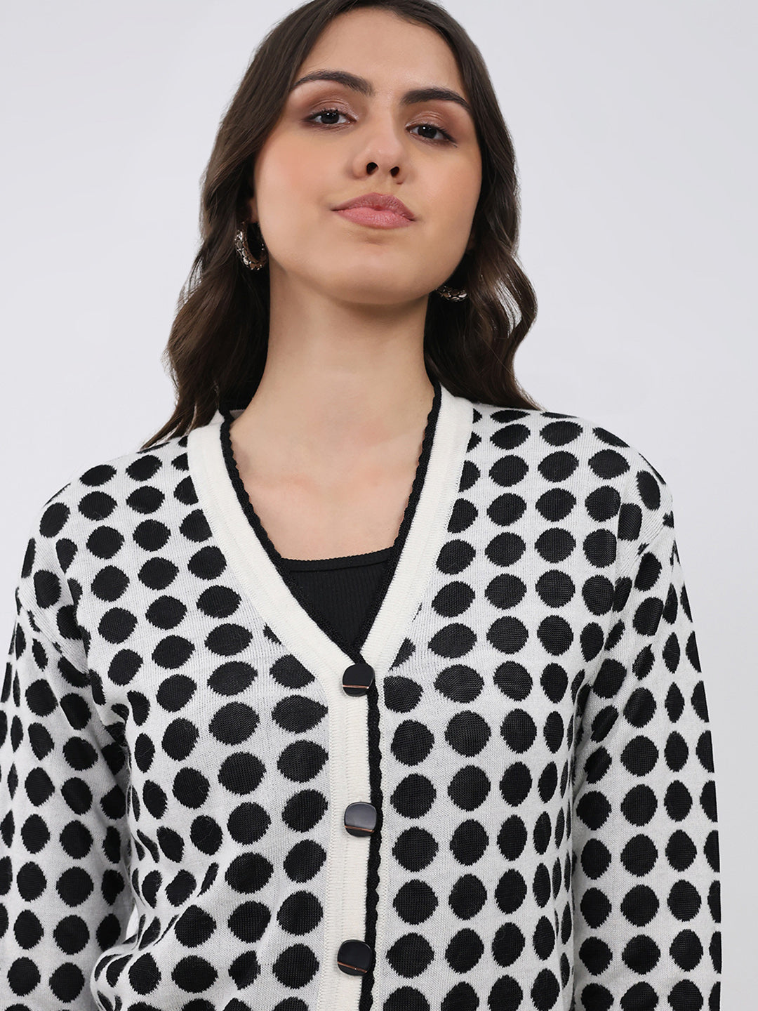 Women Off White Printed V Neck Full Sleeve Cardigan