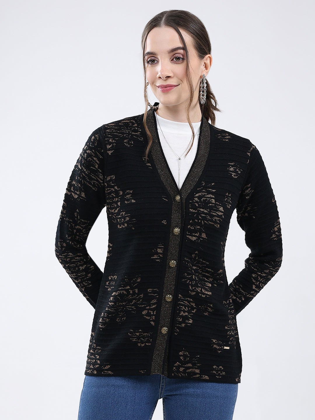 Women Black Self Design V Neck Full Sleeve Cardigan