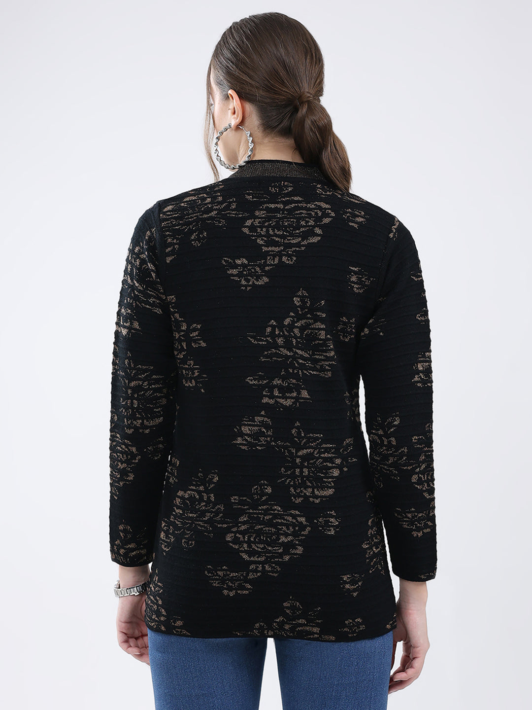 Women Black Self Design V Neck Full Sleeve Cardigan