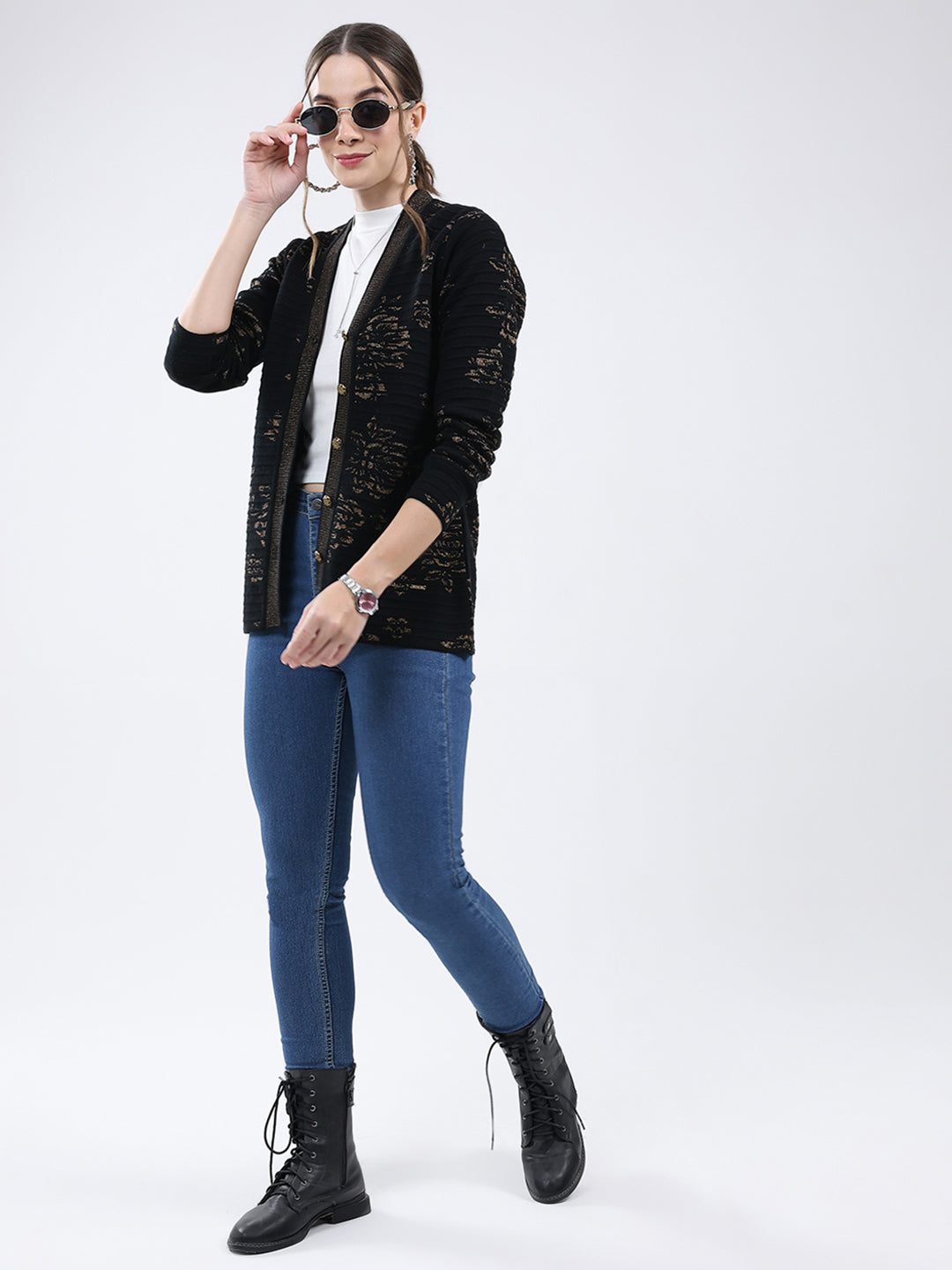 Women Black Self Design V Neck Full Sleeve Cardigan