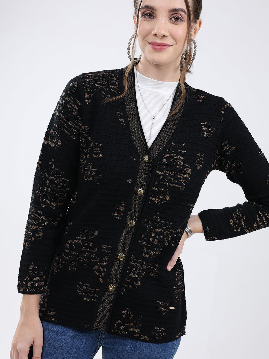 Women Black Self Design V Neck Full Sleeve Cardigan
