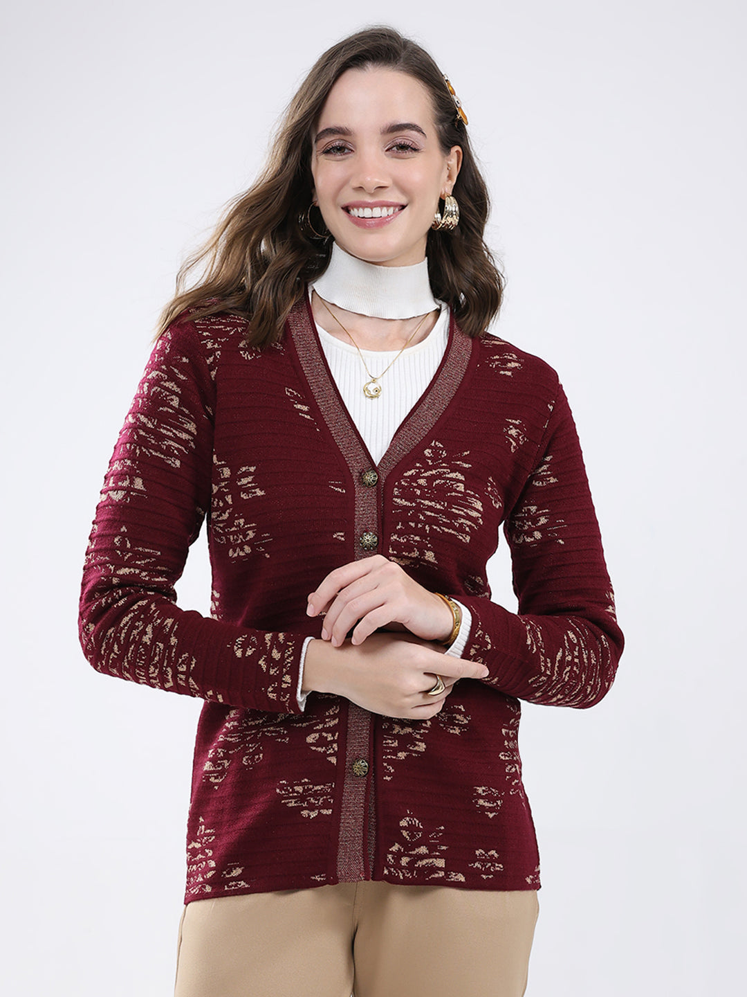Women Burgundy Self Design V Neck Full Sleeve Cardigan