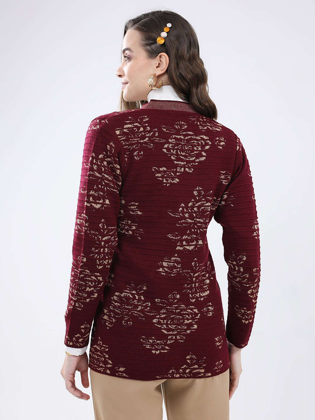 Women Burgundy Self Design V Neck Full Sleeve Cardigan