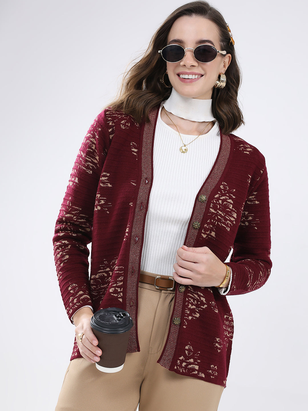 Women Burgundy Self Design V Neck Full Sleeve Cardigan