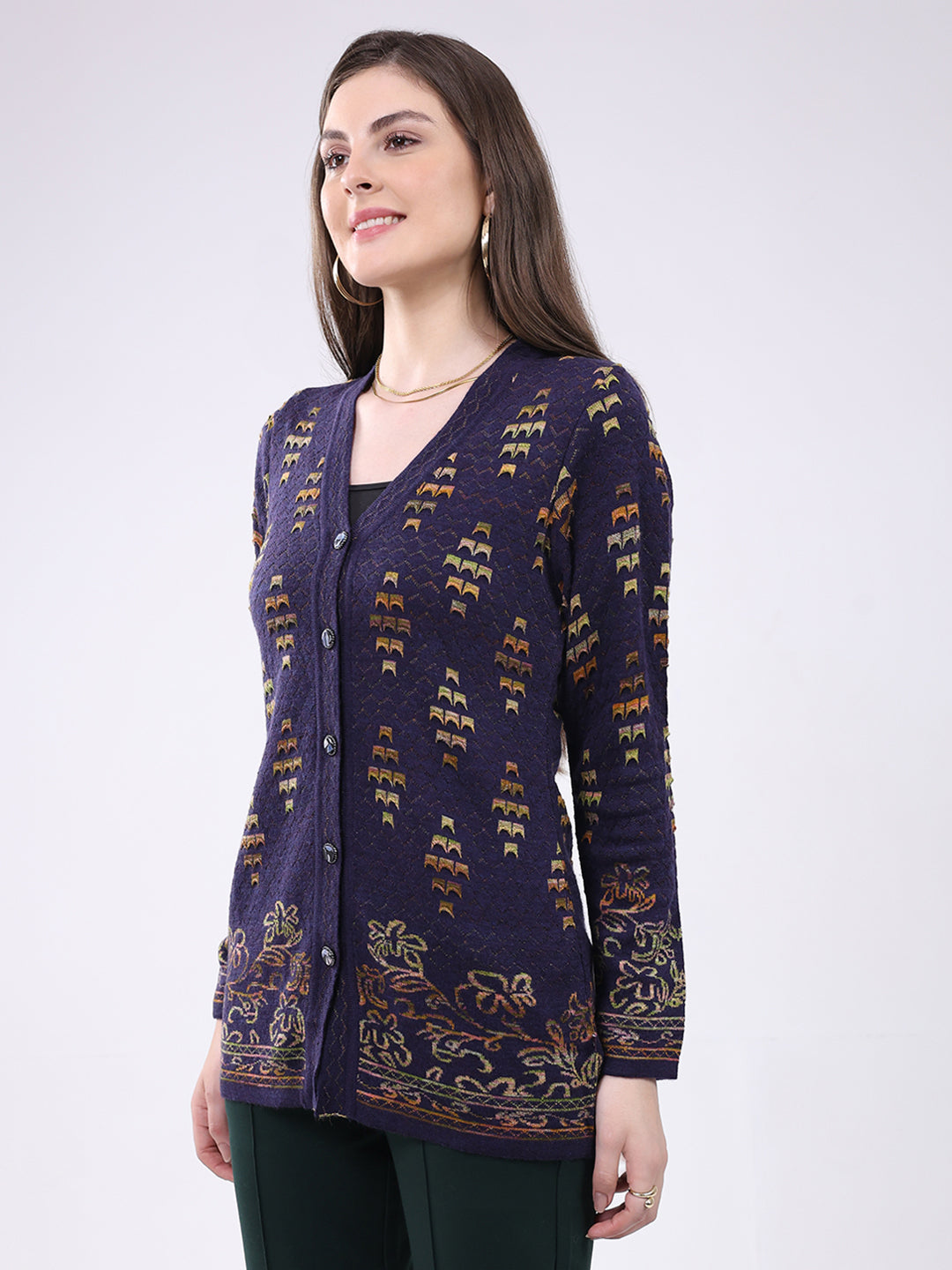 Women Purple Self Design V Neck Full Sleeve Cardigan