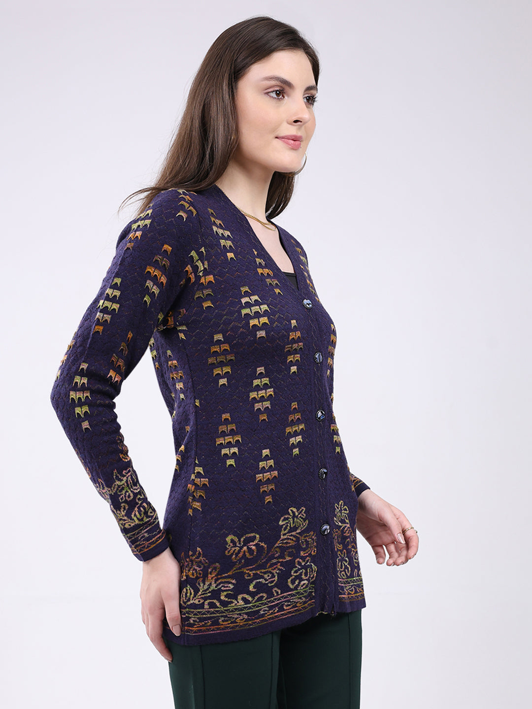 Women Purple Self Design V Neck Full Sleeve Cardigan