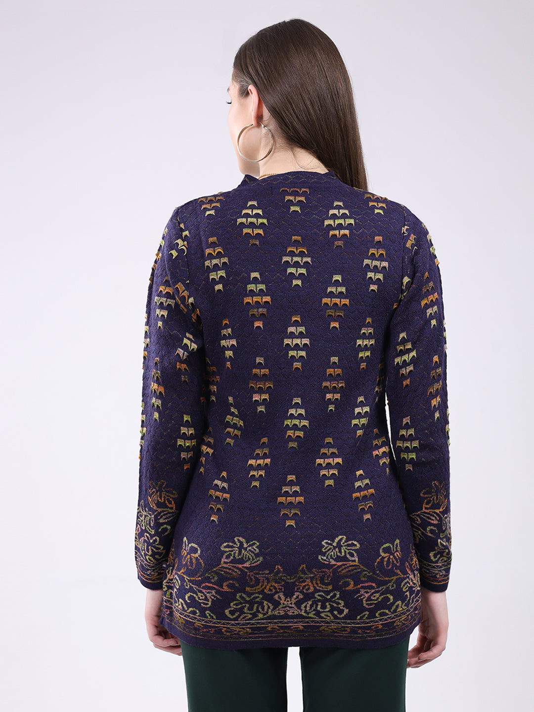 Women Purple Self Design V Neck Full Sleeve Cardigan