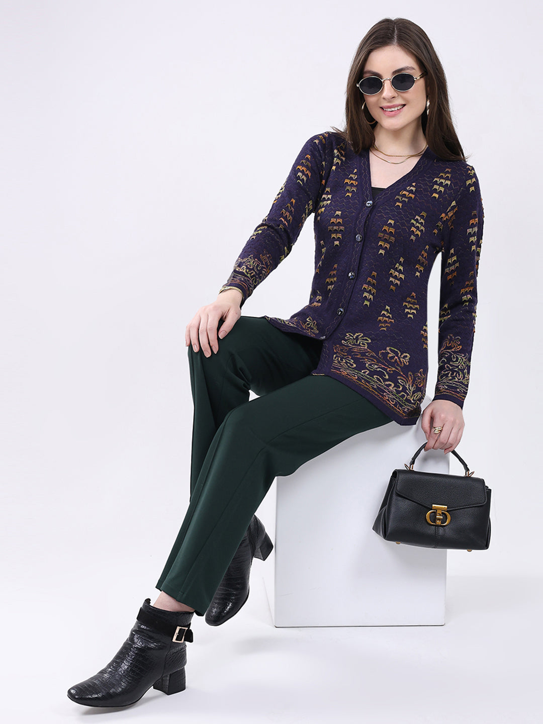 Women Purple Self Design V Neck Full Sleeve Cardigan