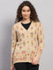 Women Beige Jaquard V Neck Full Sleeve Cardigan