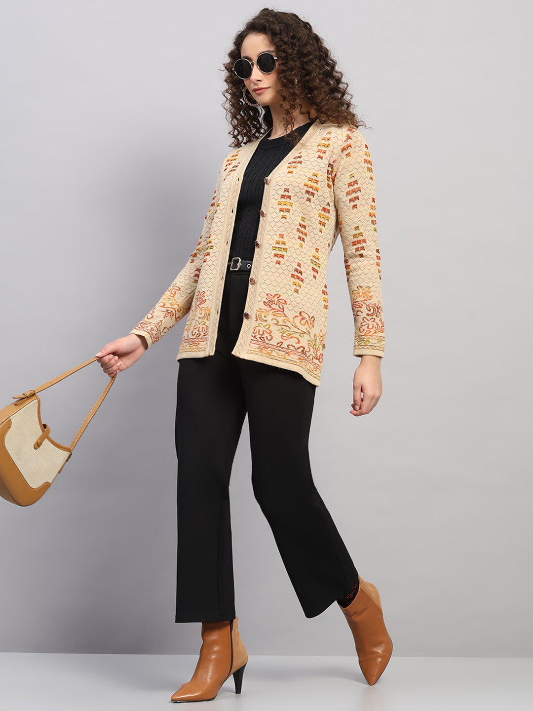 Women Beige Jaquard V Neck Full Sleeve Cardigan