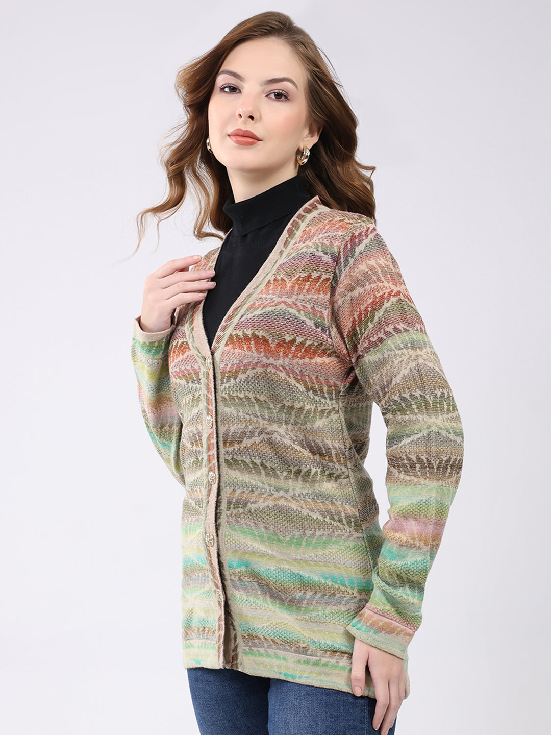 Women Multicolor Self Design V Neck Full Sleeve Cardigan