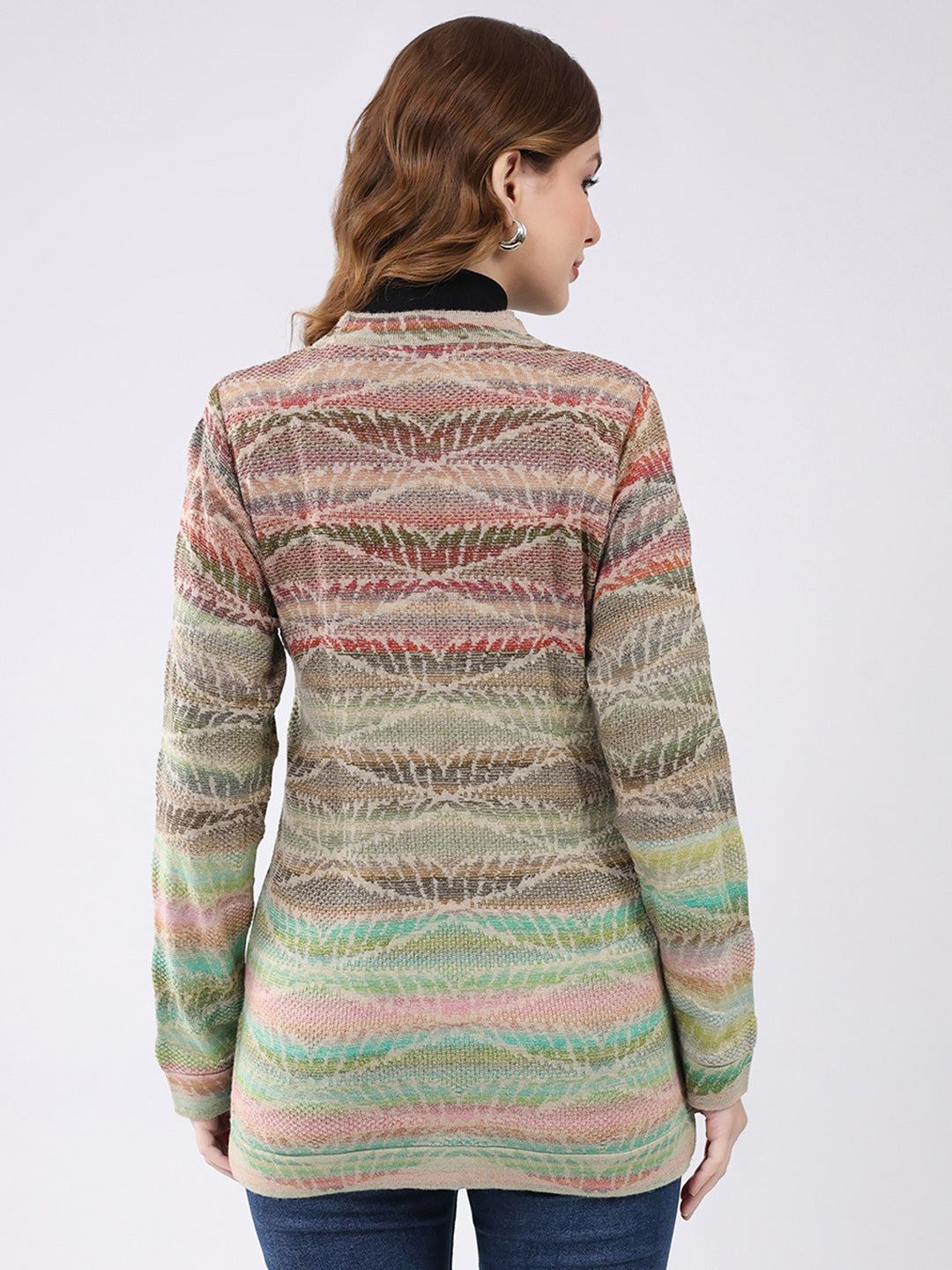 Women Multicolor Self Design V Neck Full Sleeve Cardigan