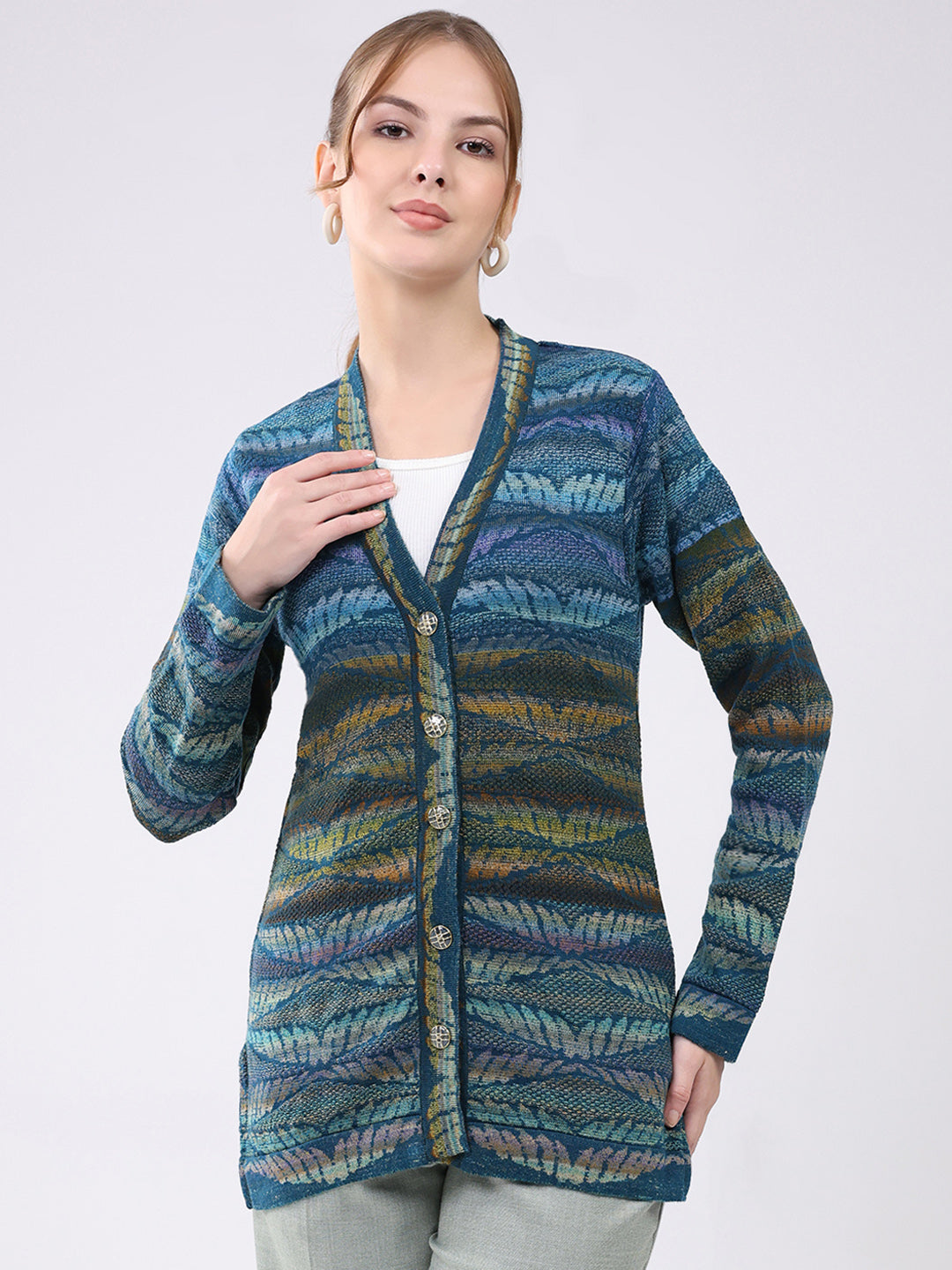 Women Blue Printed V Neck Full Sleeve Cardigan