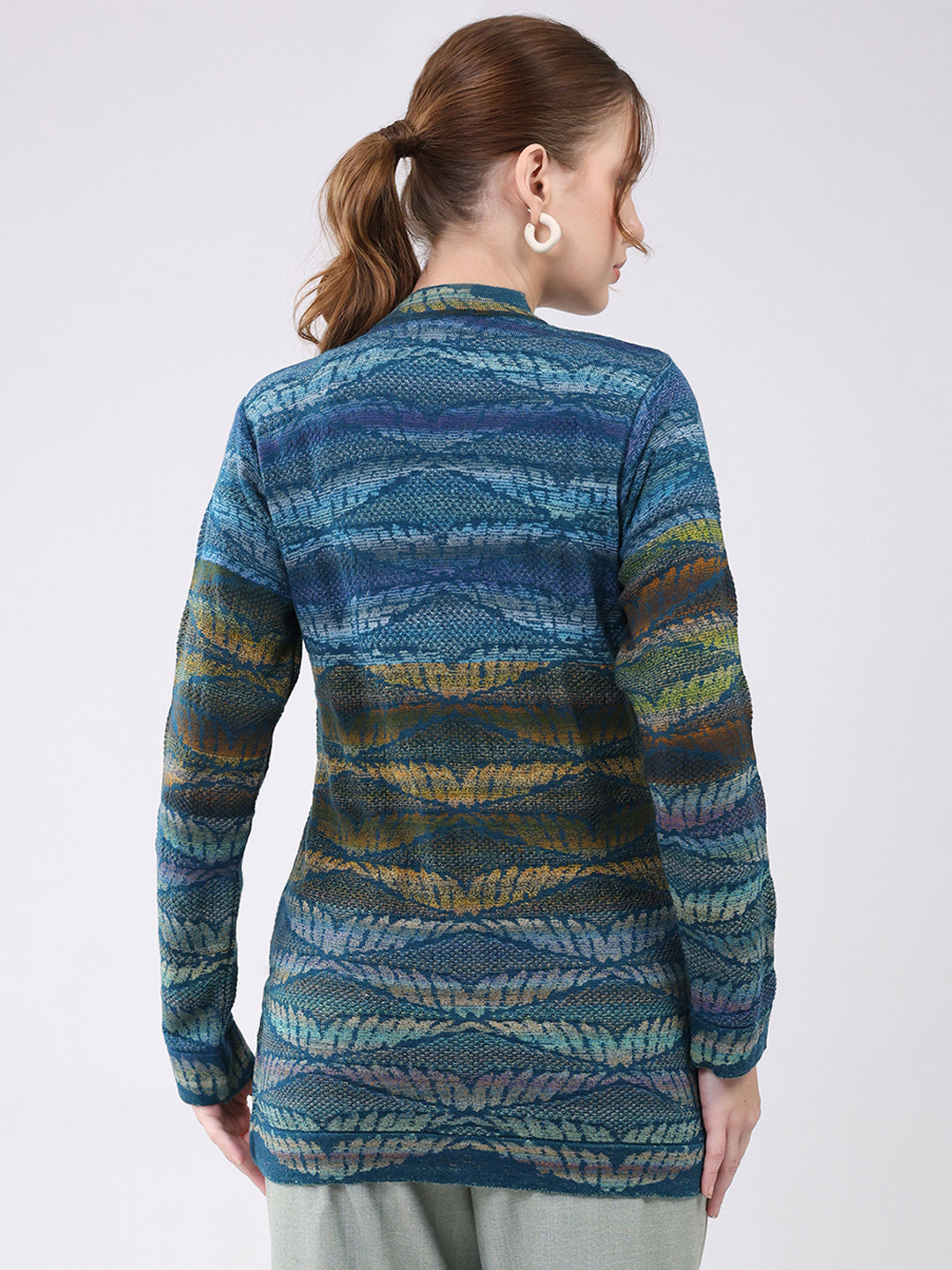 Women Blue Printed V Neck Full Sleeve Cardigan