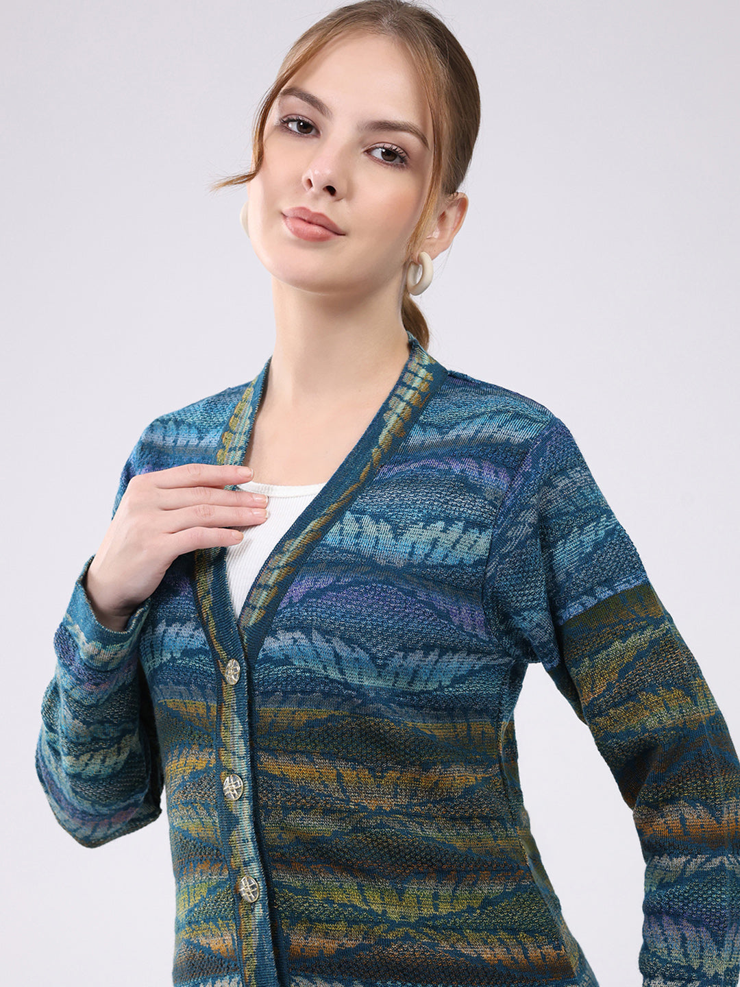 Women Blue Printed V Neck Full Sleeve Cardigan