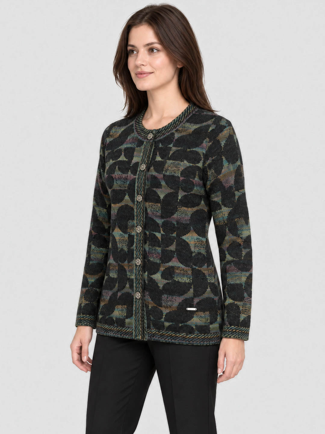 Women Black Jacquard Round Neck Full Sleeve Cardigan
