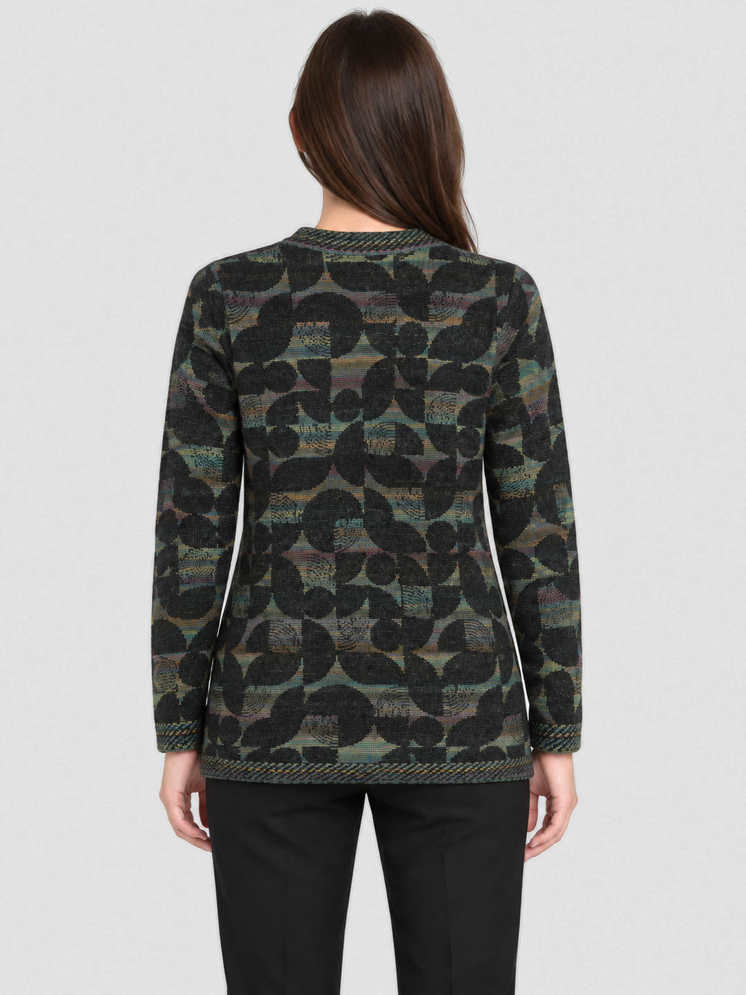 Women Black Jacquard Round Neck Full Sleeve Cardigan