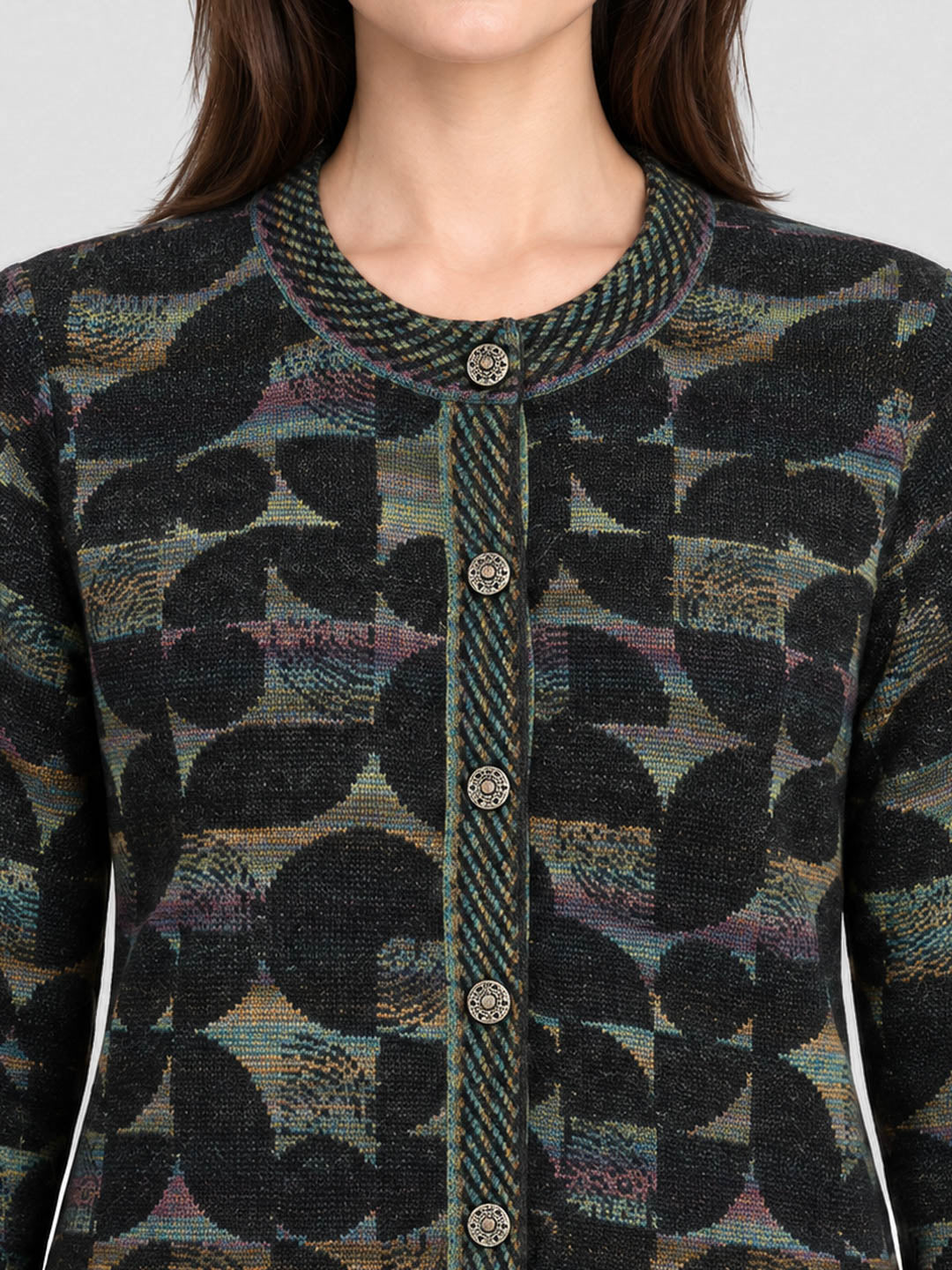 Women Black Jacquard Round Neck Full Sleeve Cardigan