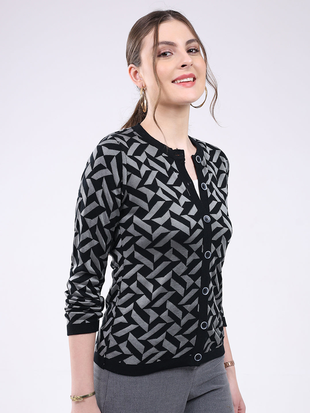 Women Black Printed Round Neck Full Sleeve Cardigan