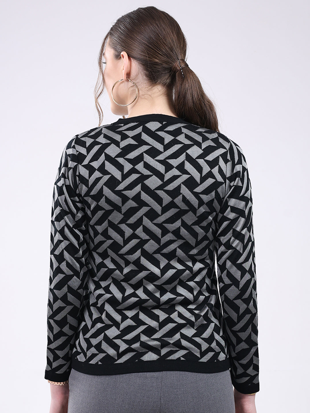 Women Black Printed Round Neck Full Sleeve Cardigan