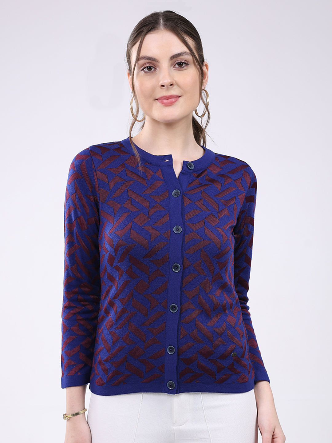Women Blue Printed Round Neck Full Sleeve Cardigan