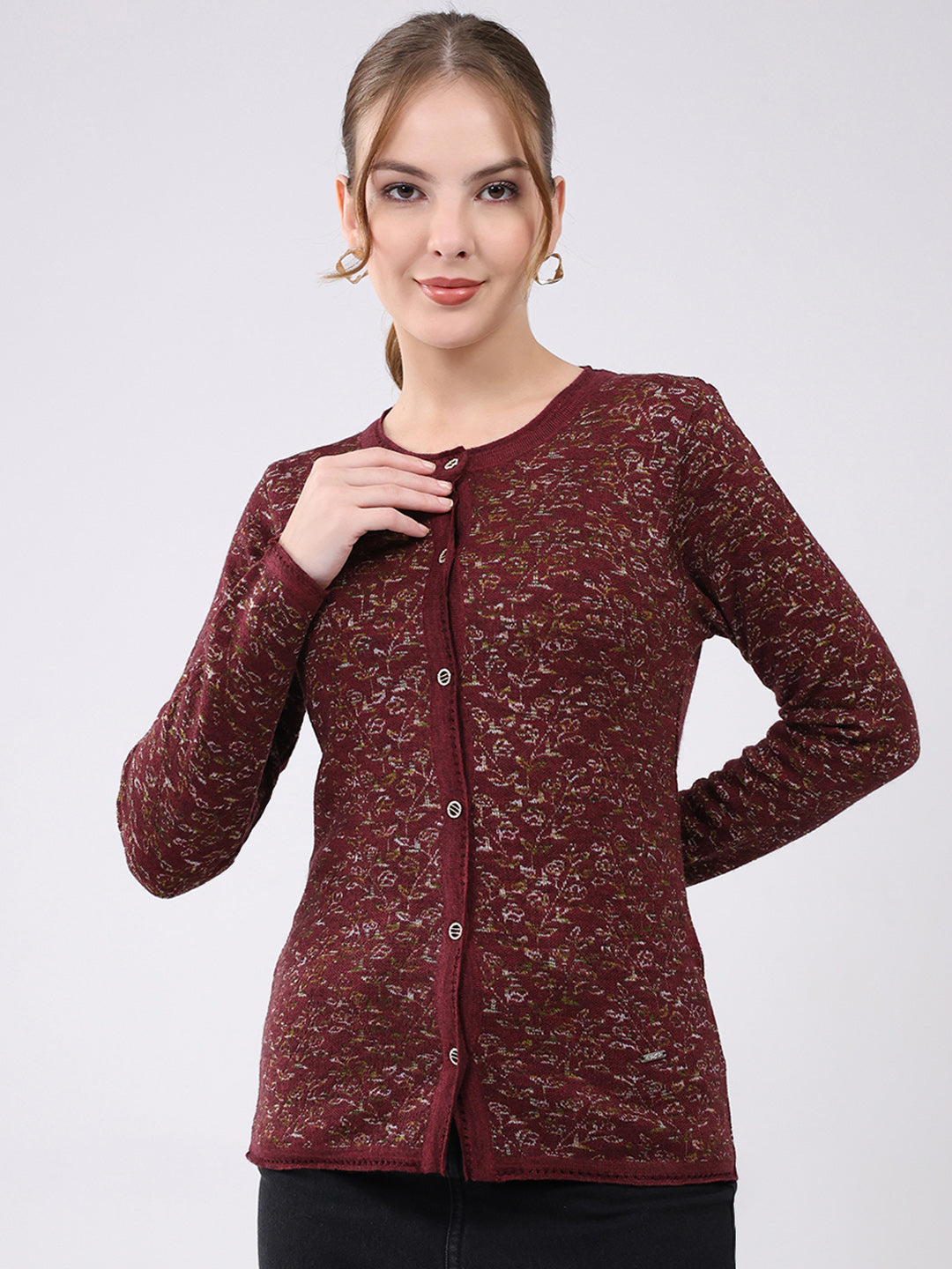 Women Maroon Self Design Round Neck Full Sleeve Cardigan