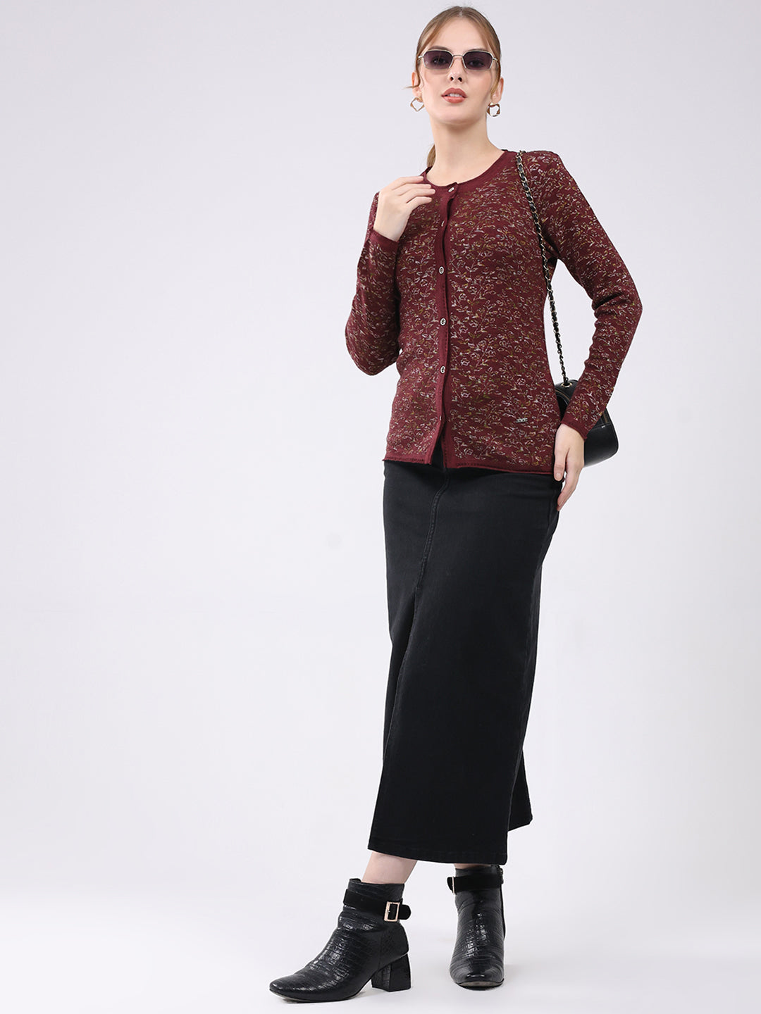 Women Maroon Self Design Round Neck Full Sleeve Cardigan