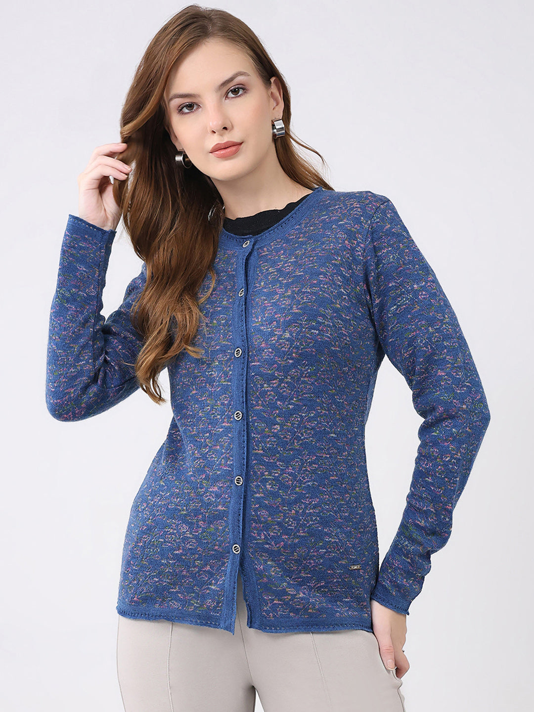 Women Blue Self Design Round Neck Full Sleeve Cardigan