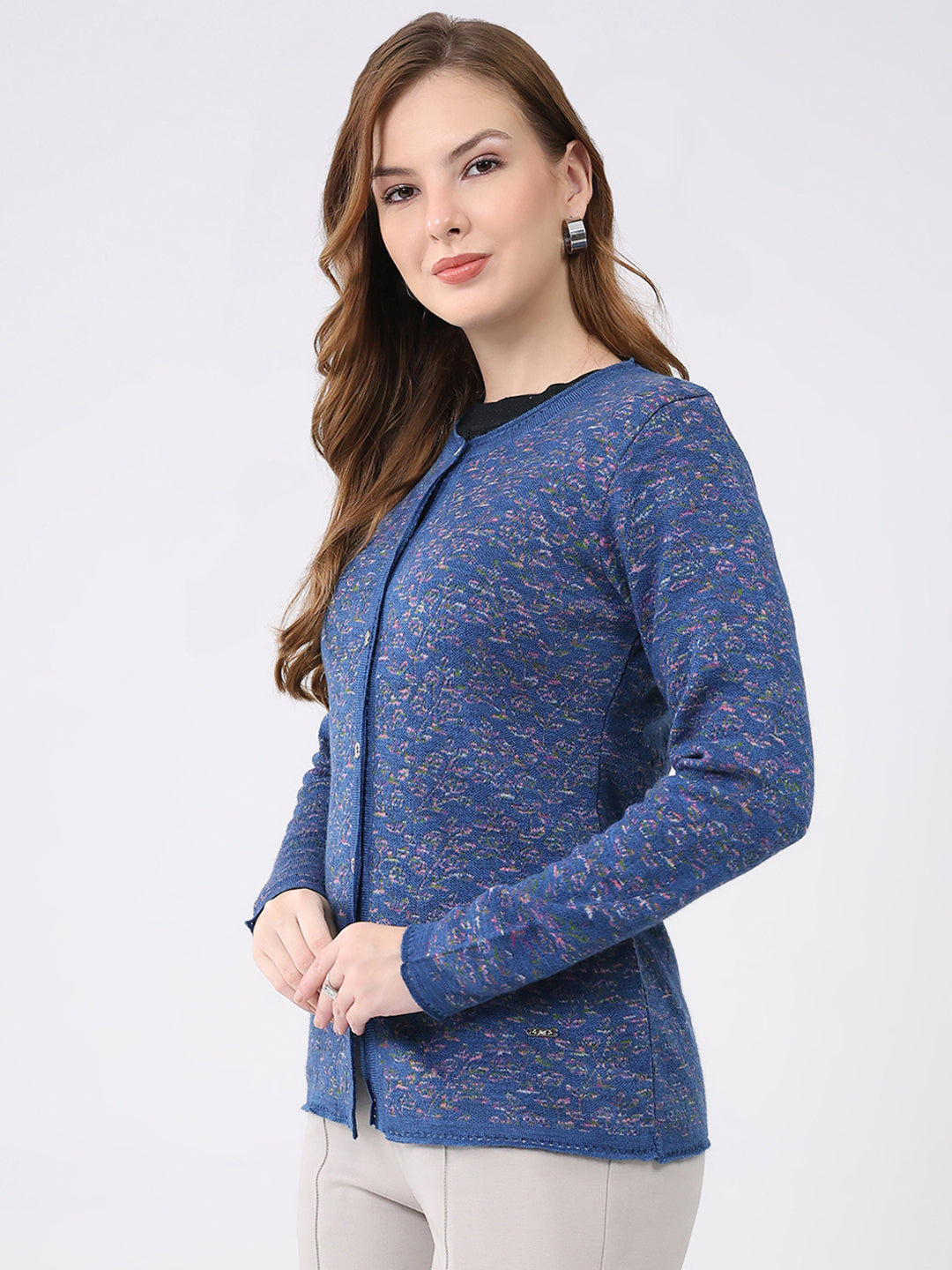 Women Blue Self Design Round Neck Full Sleeve Cardigan
