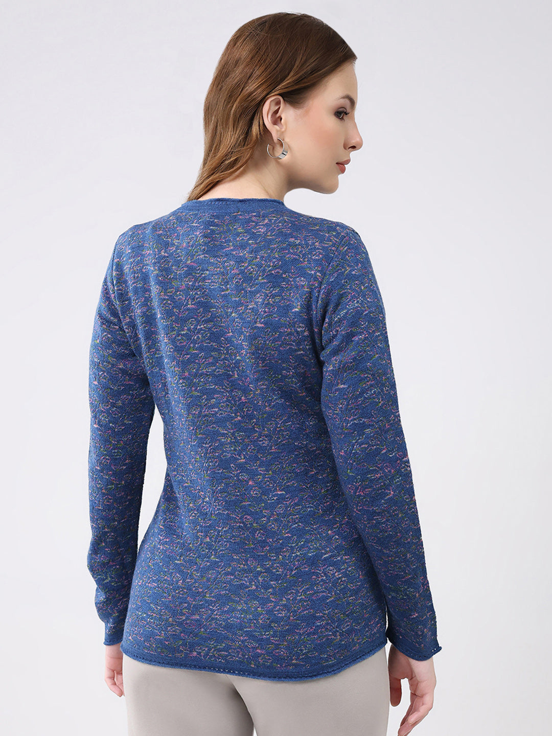 Women Blue Self Design Round Neck Full Sleeve Cardigan