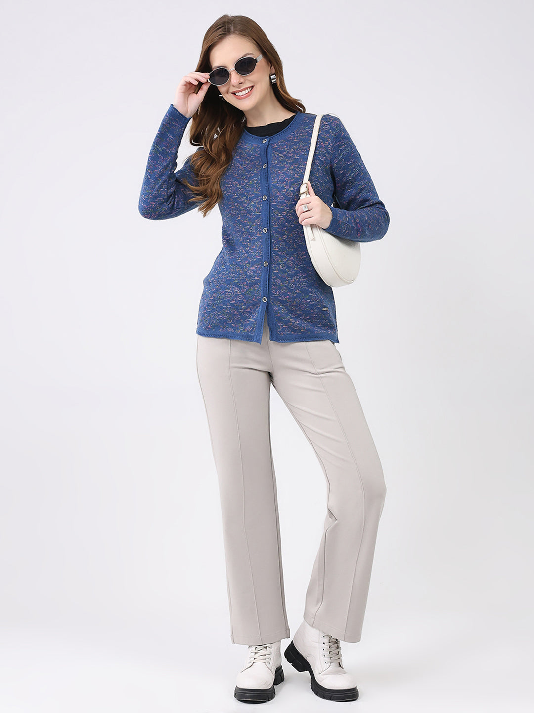 Women Blue Self Design Round Neck Full Sleeve Cardigan