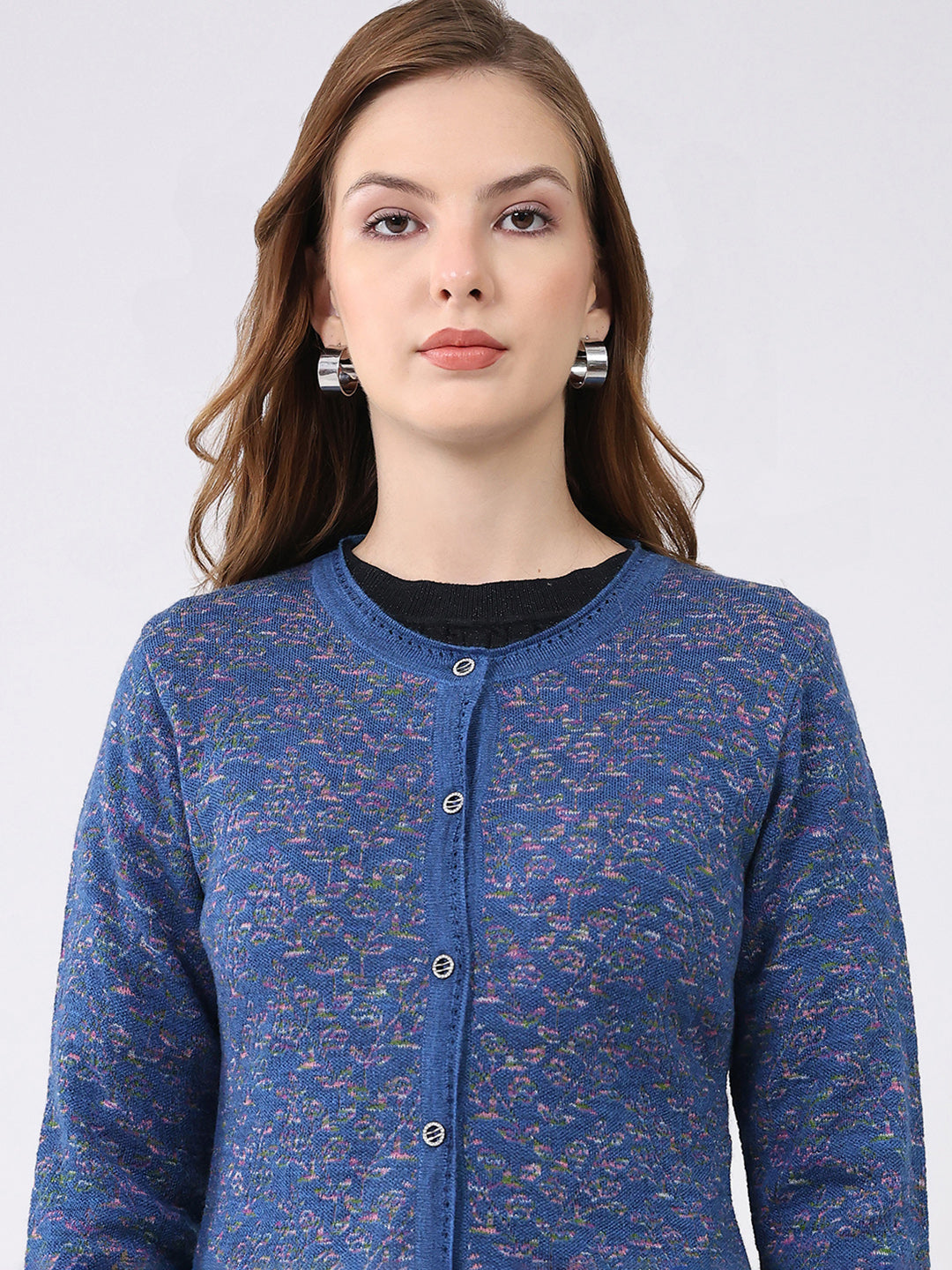 Women Blue Self Design Round Neck Full Sleeve Cardigan