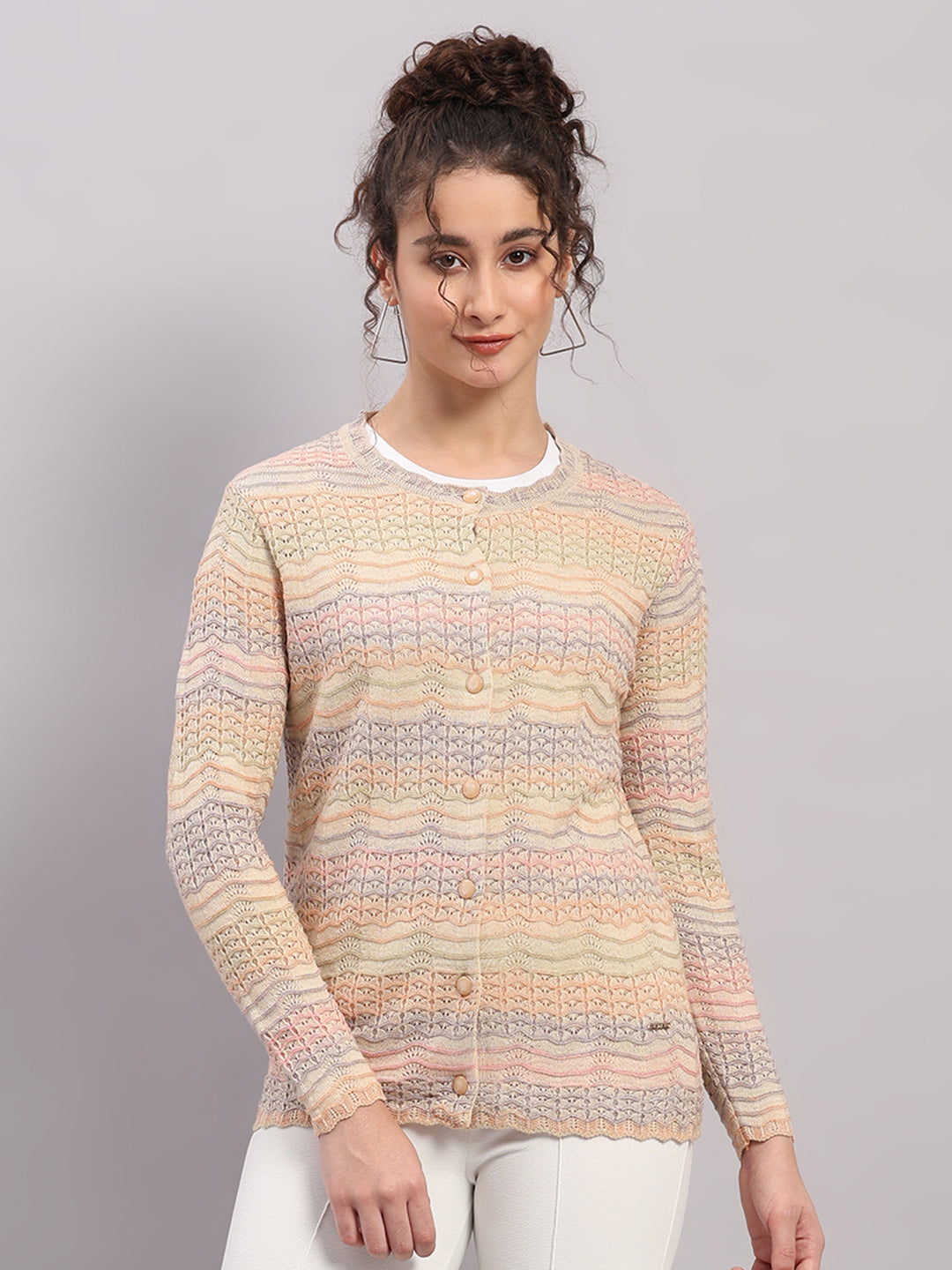 Women Pink Self Design Round Neck Full Sleeve Cardigan