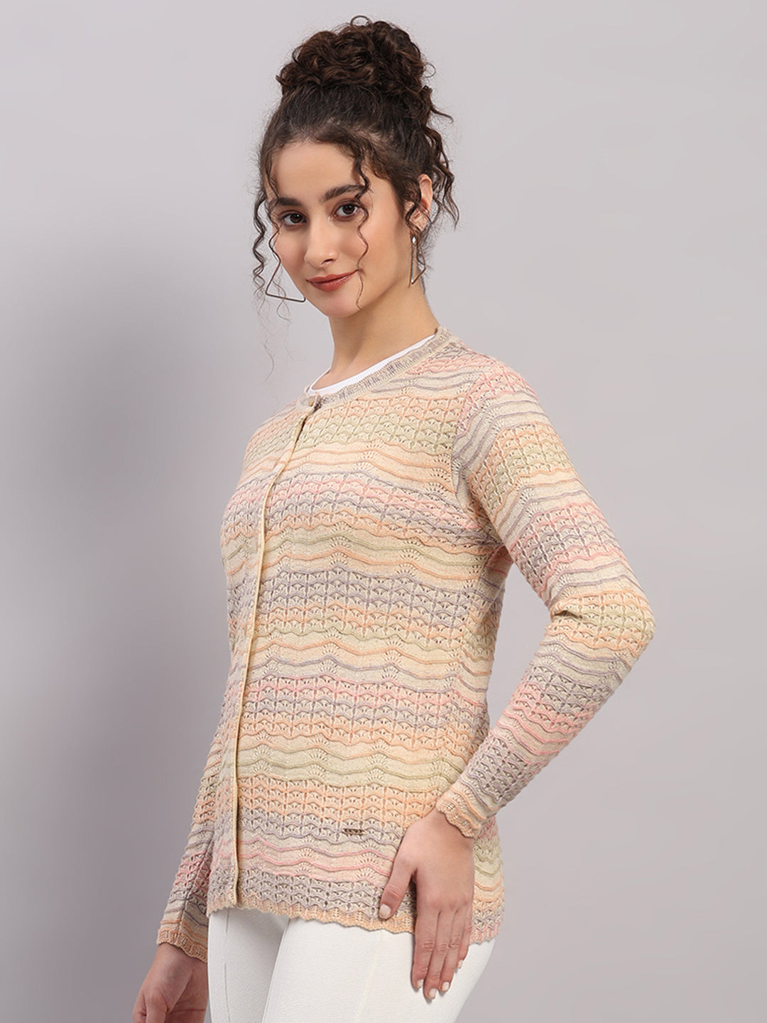 Women Pink Self Design Round Neck Full Sleeve Cardigan