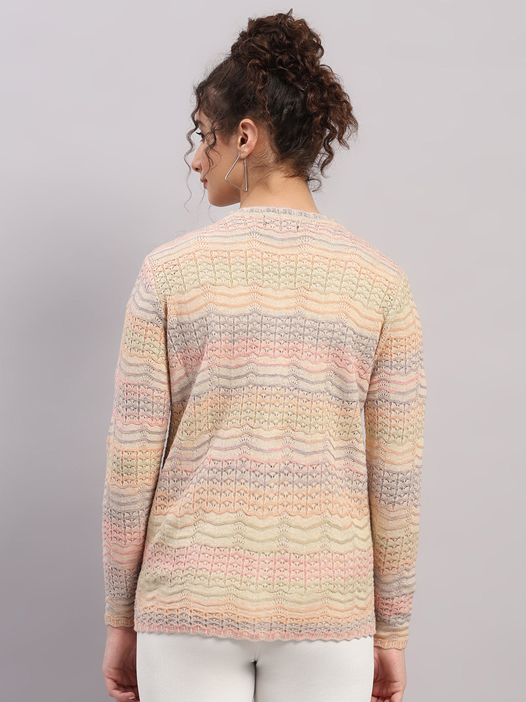 Women Pink Self Design Round Neck Full Sleeve Cardigan