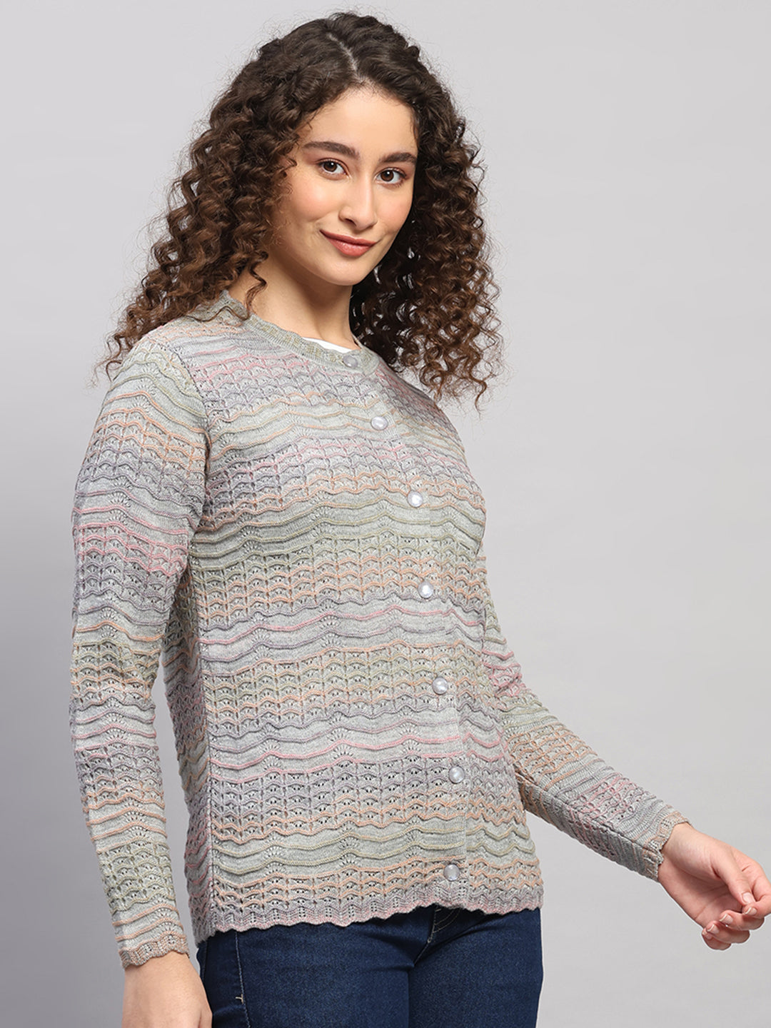 Women Purple Jaquard Round Neck Full Sleeve Cardigan