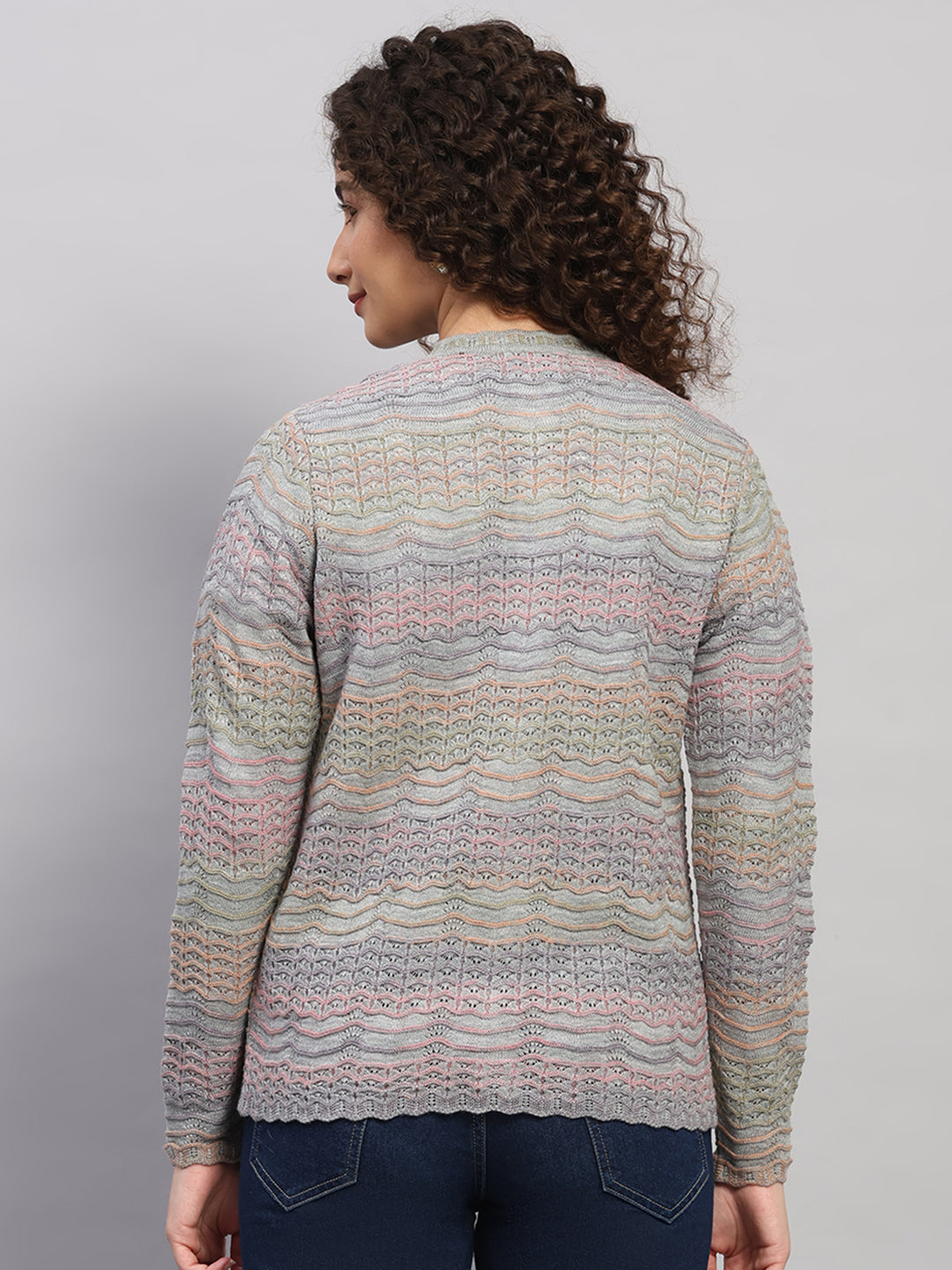 Women Purple Jaquard Round Neck Full Sleeve Cardigan