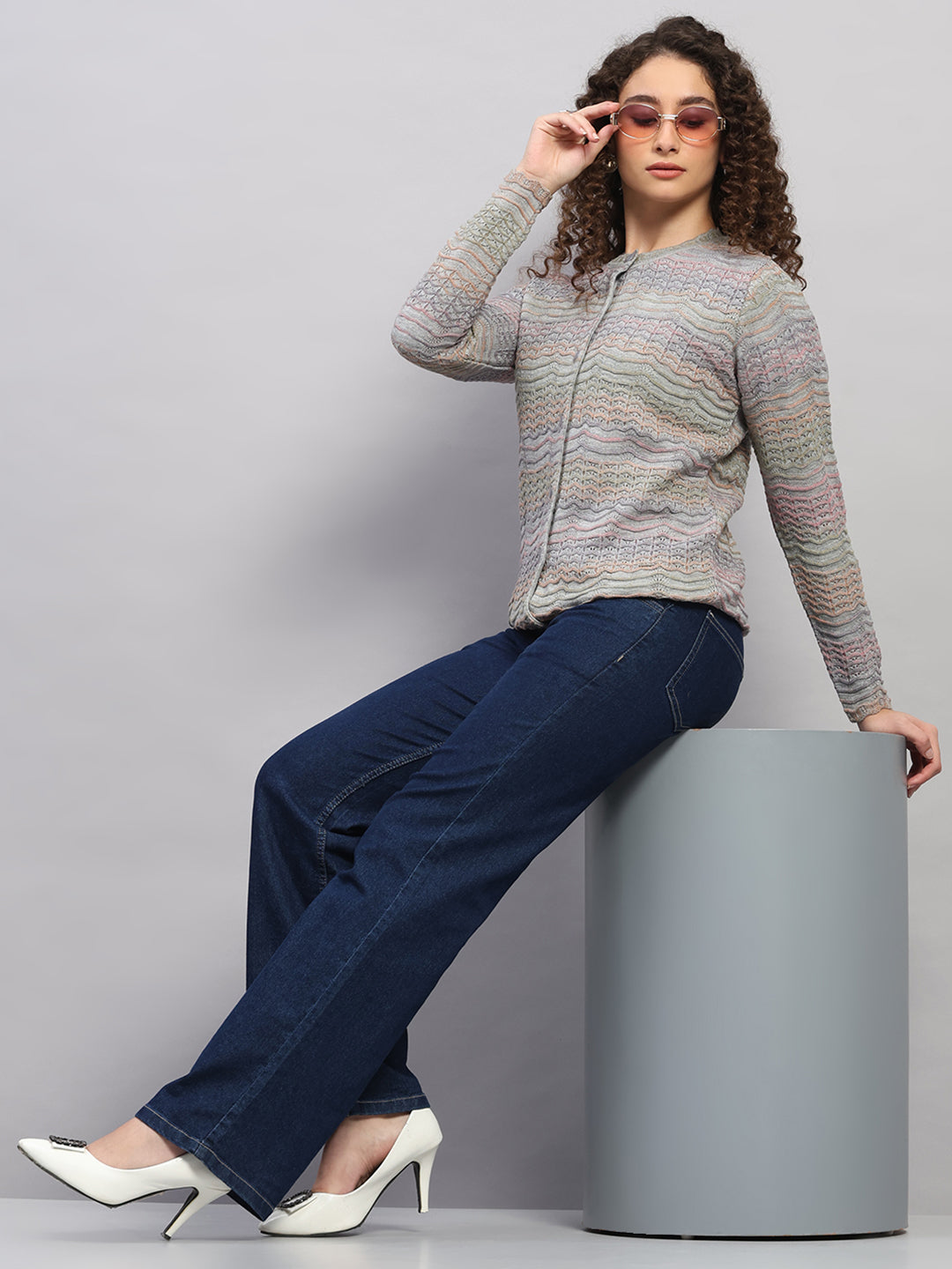 Women Purple Jaquard Round Neck Full Sleeve Cardigan