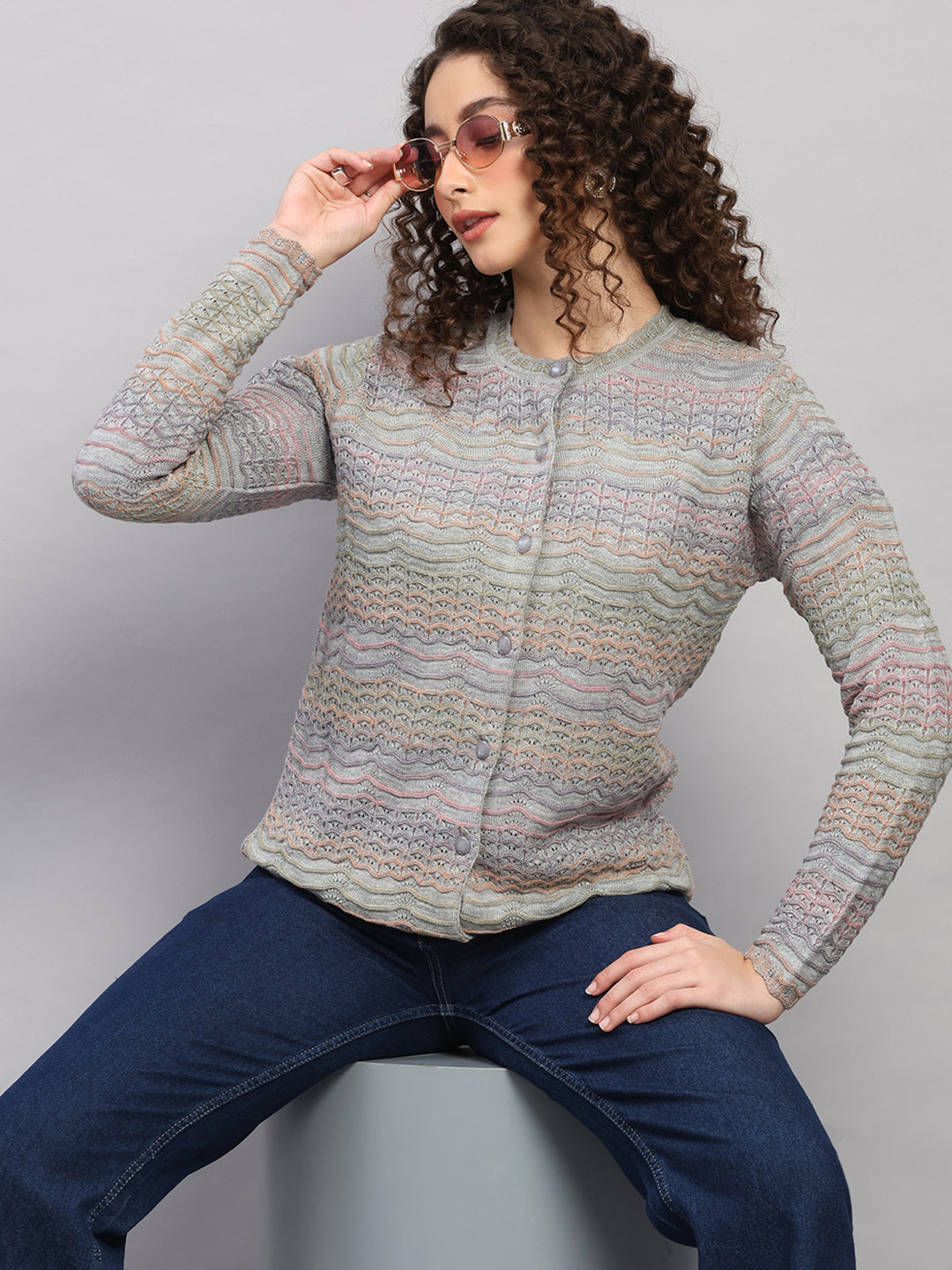 Women Purple Jaquard Round Neck Full Sleeve Cardigan