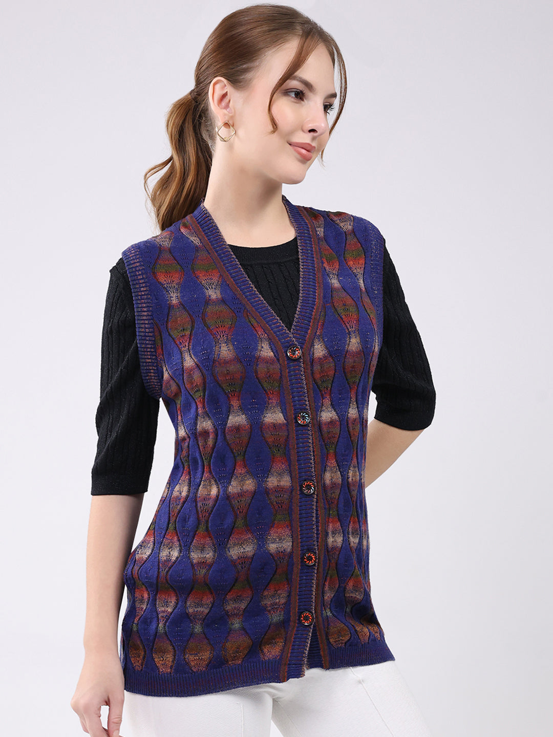 Women Blue Self Design V Neck Sleeveless Cardigan