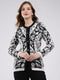 Women Off White Printed Round Neck Full Sleeve Cardigan